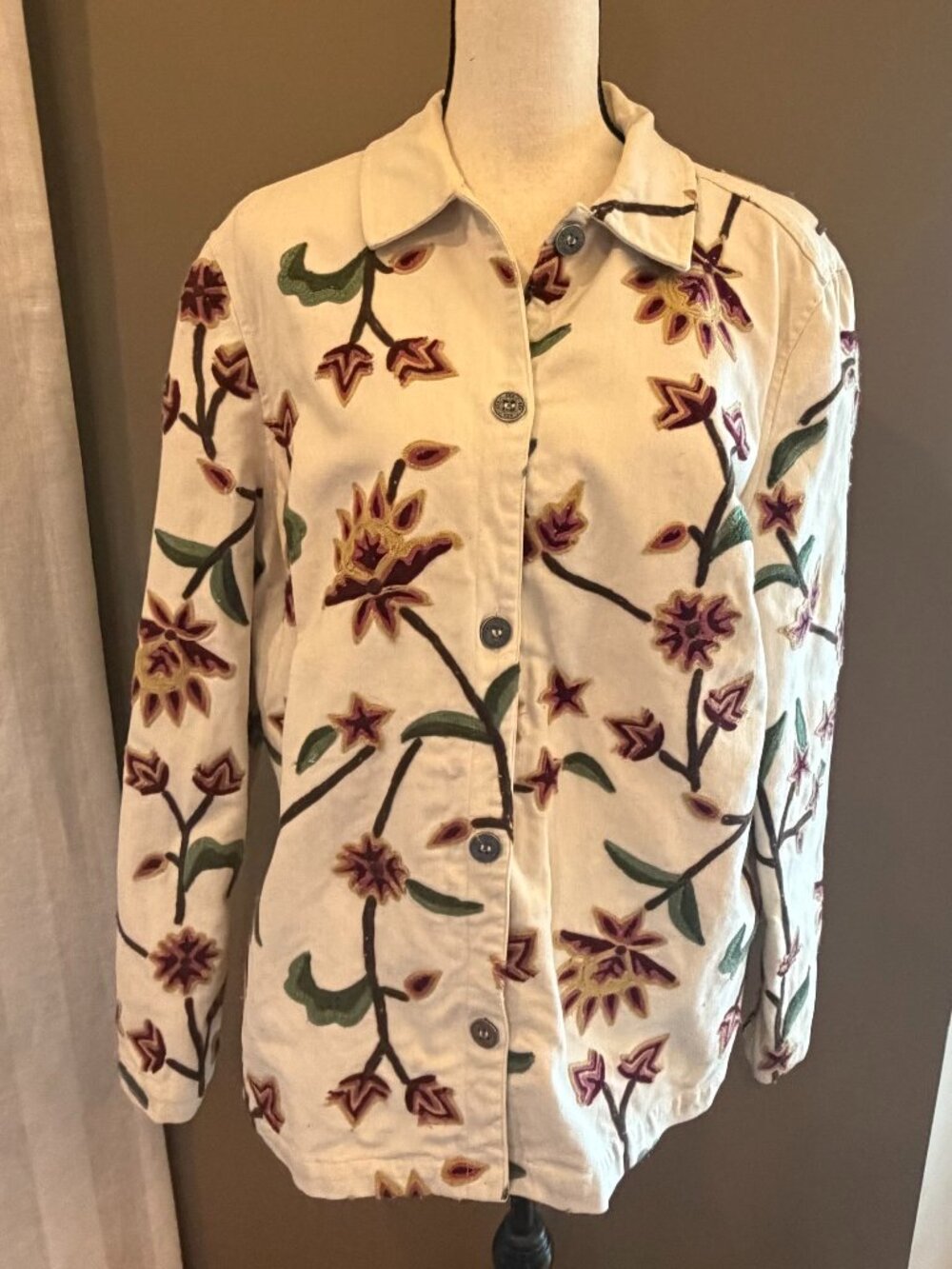 Ivory Cotton Floral Vine Embroidered Shacket Button Down, Size Large